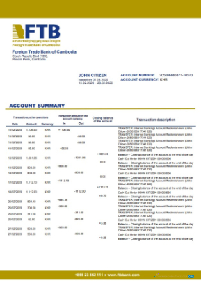 Download Cambodia Foreign Trade Bank of Cambodia bank statement word